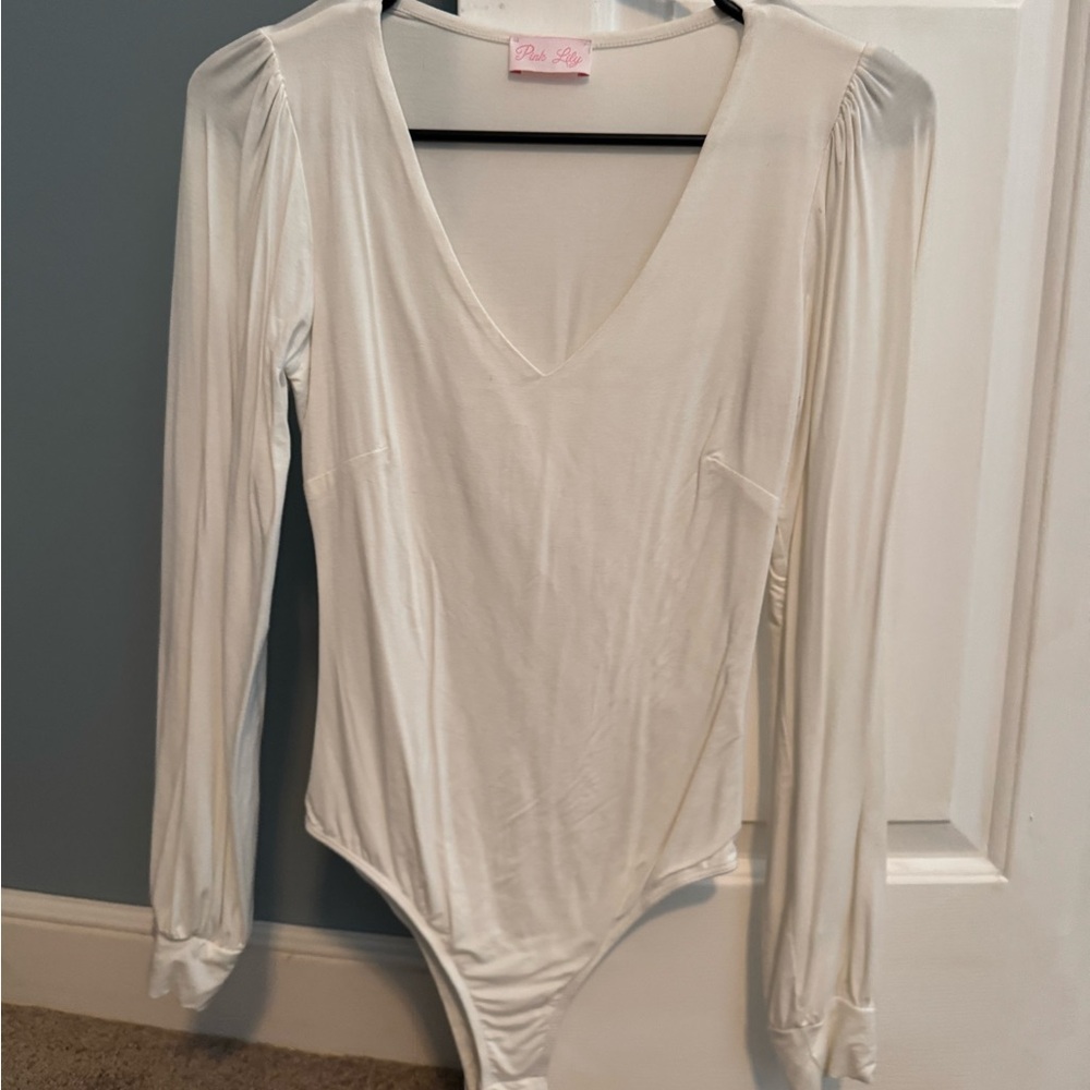 Pink Lily Cream V-Neck Long Sleeve Bodysuit